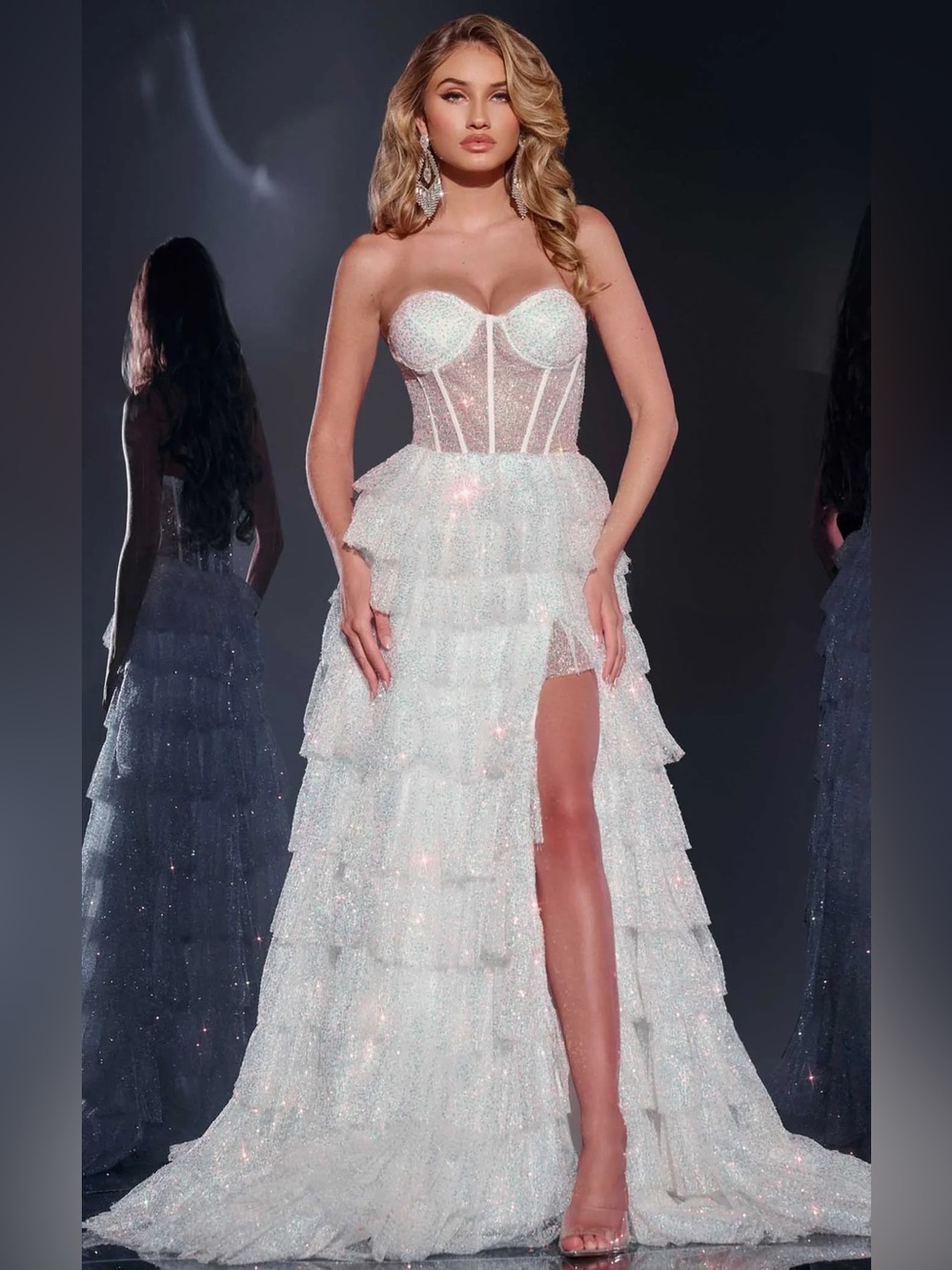 Jovani White Glitter Ruffle Gown Size 8 NWT Prom Pageant Bridal Wedding Formal